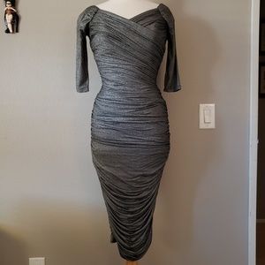 PUG Laura Byrnes Silver Lurex Monica Wiggle Dress Dramatic Draping